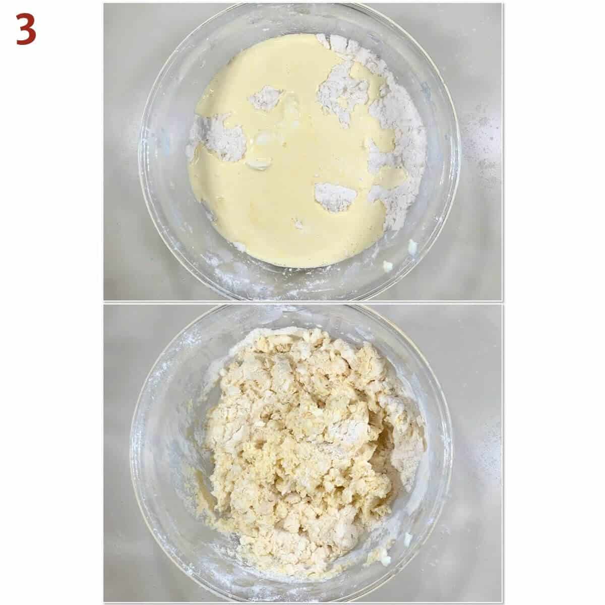 Collage of adding cream mixture to flour mixture to make scone dough.