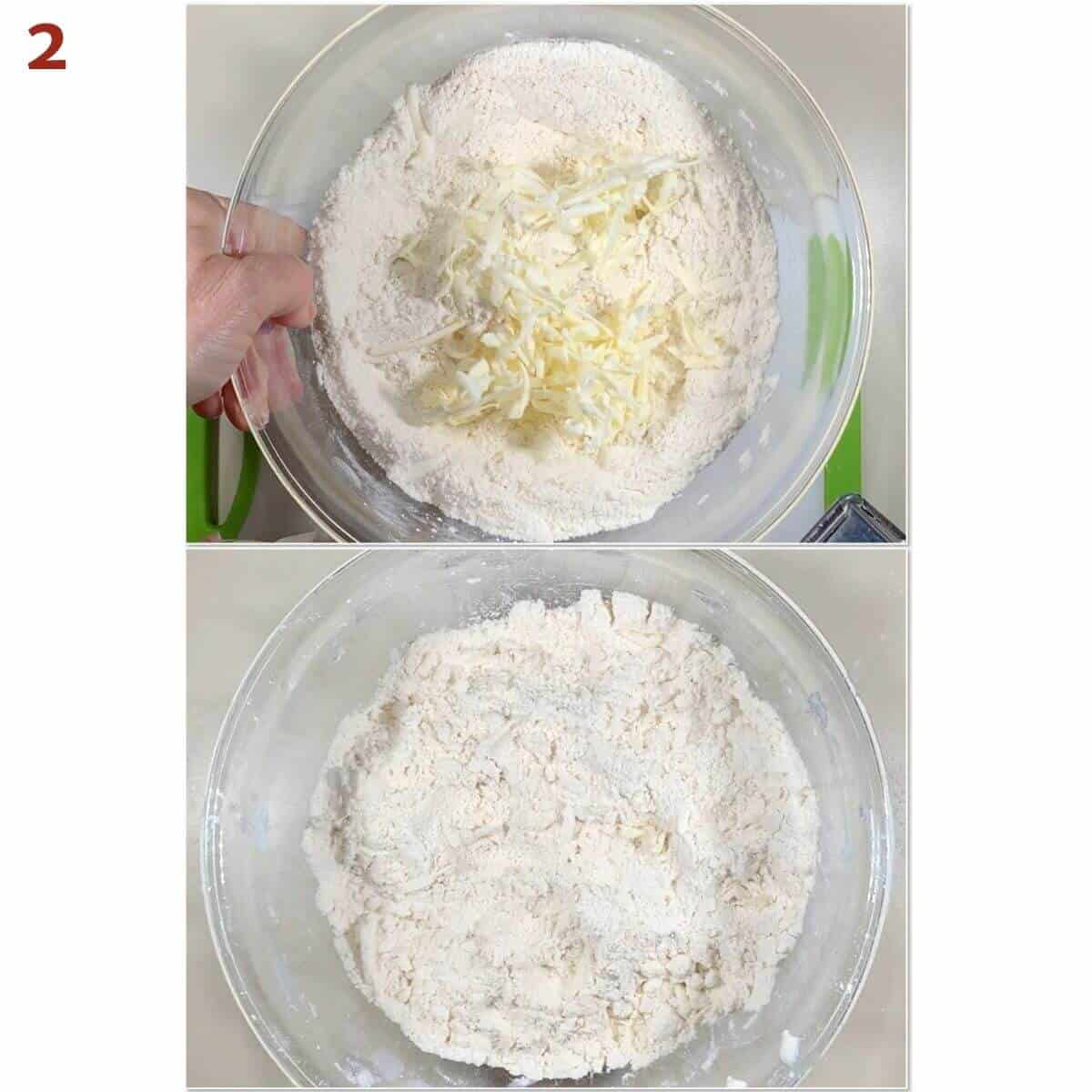 Collage of cutting butter into flour mixture.