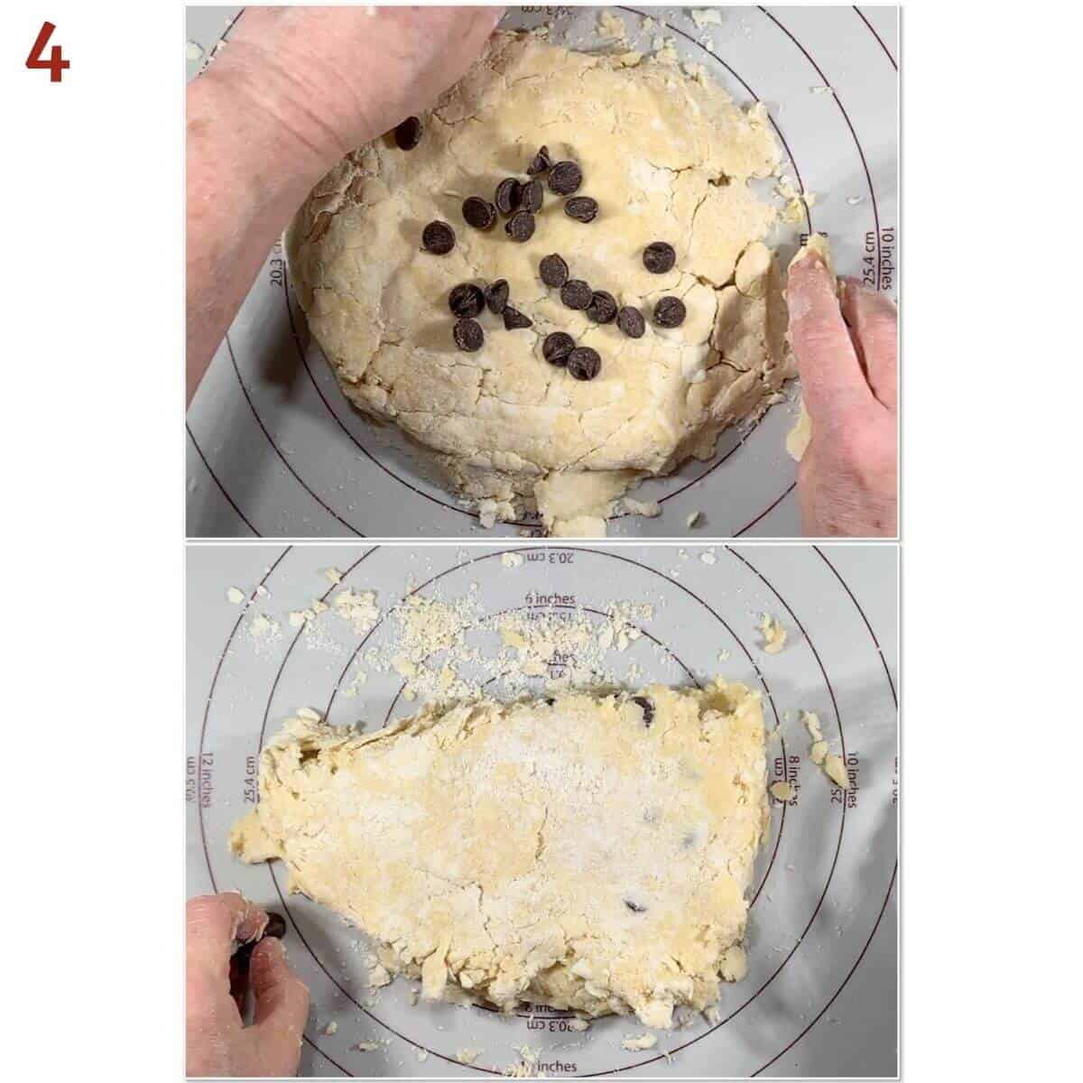 Collage of folding chocolate chips into scone dough.