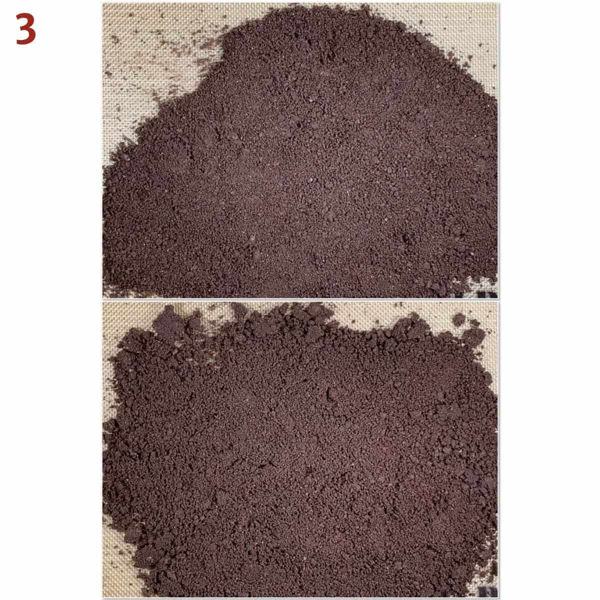 Collage of chocolate cookie crumbs before and halfway through baking.