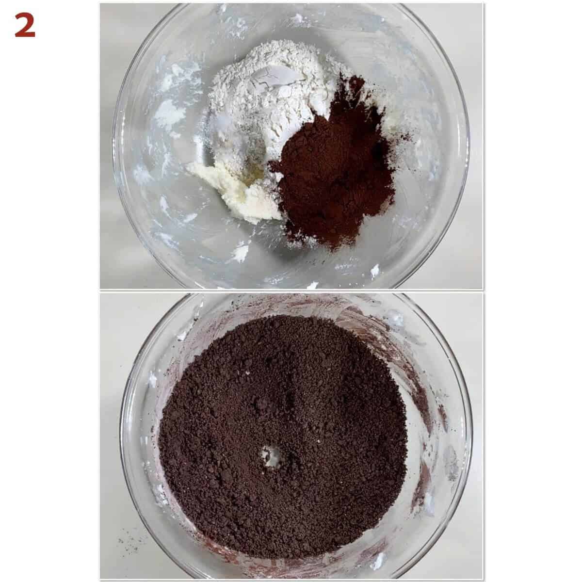 Collage of mixing in flour, cocoa powder, & salt to make chocolate cookie crumb dough.