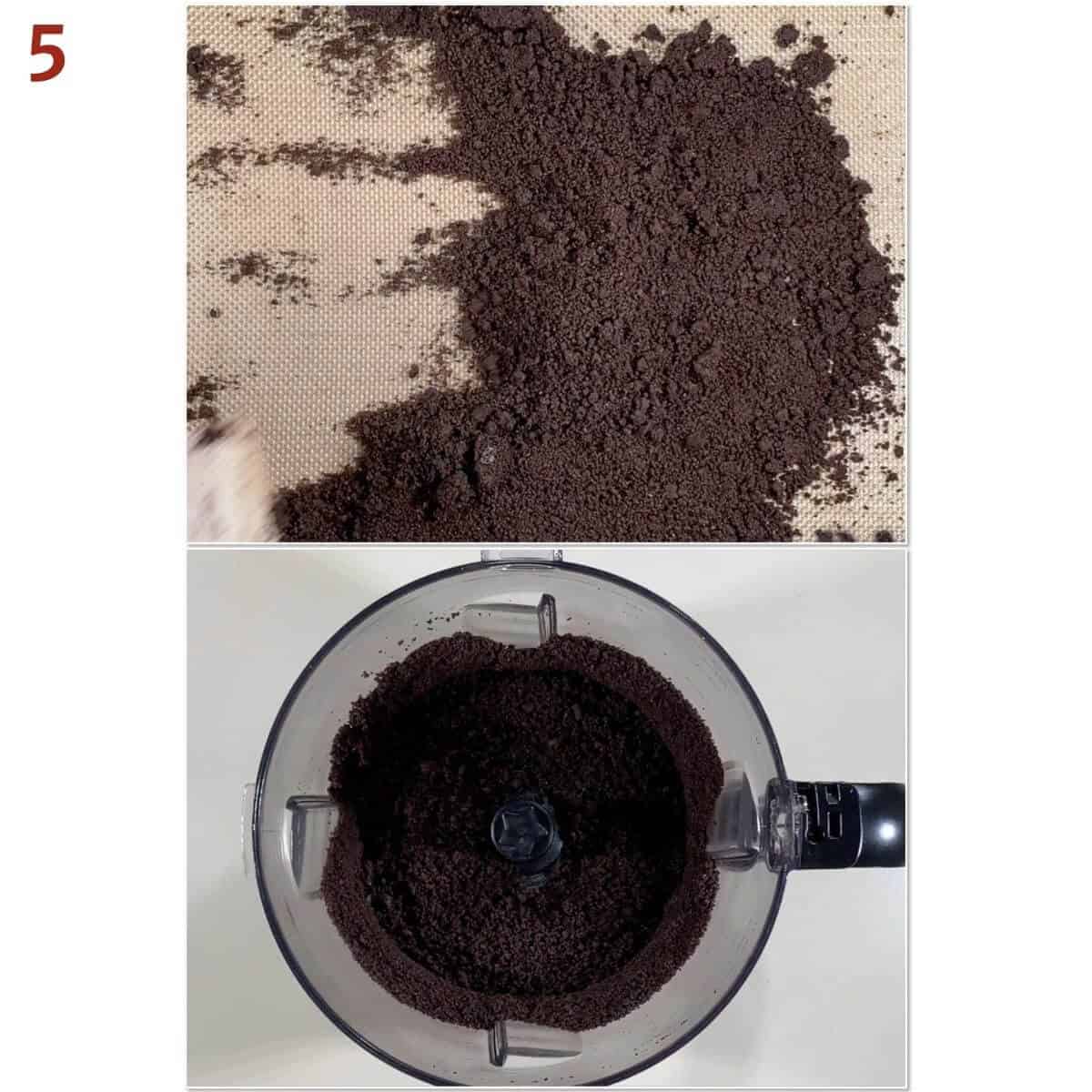 Collage of pulsing cookie crumbs in a food processor.