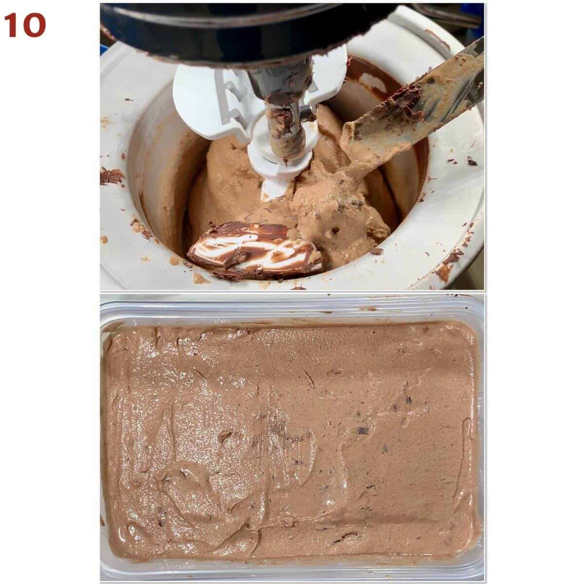 Collage of finished gelato in the ice cream make & in a tub.