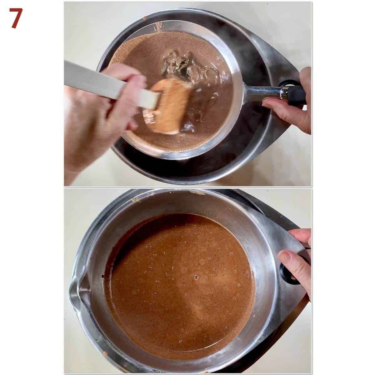 Collage of straining & cooling chocolate custard.