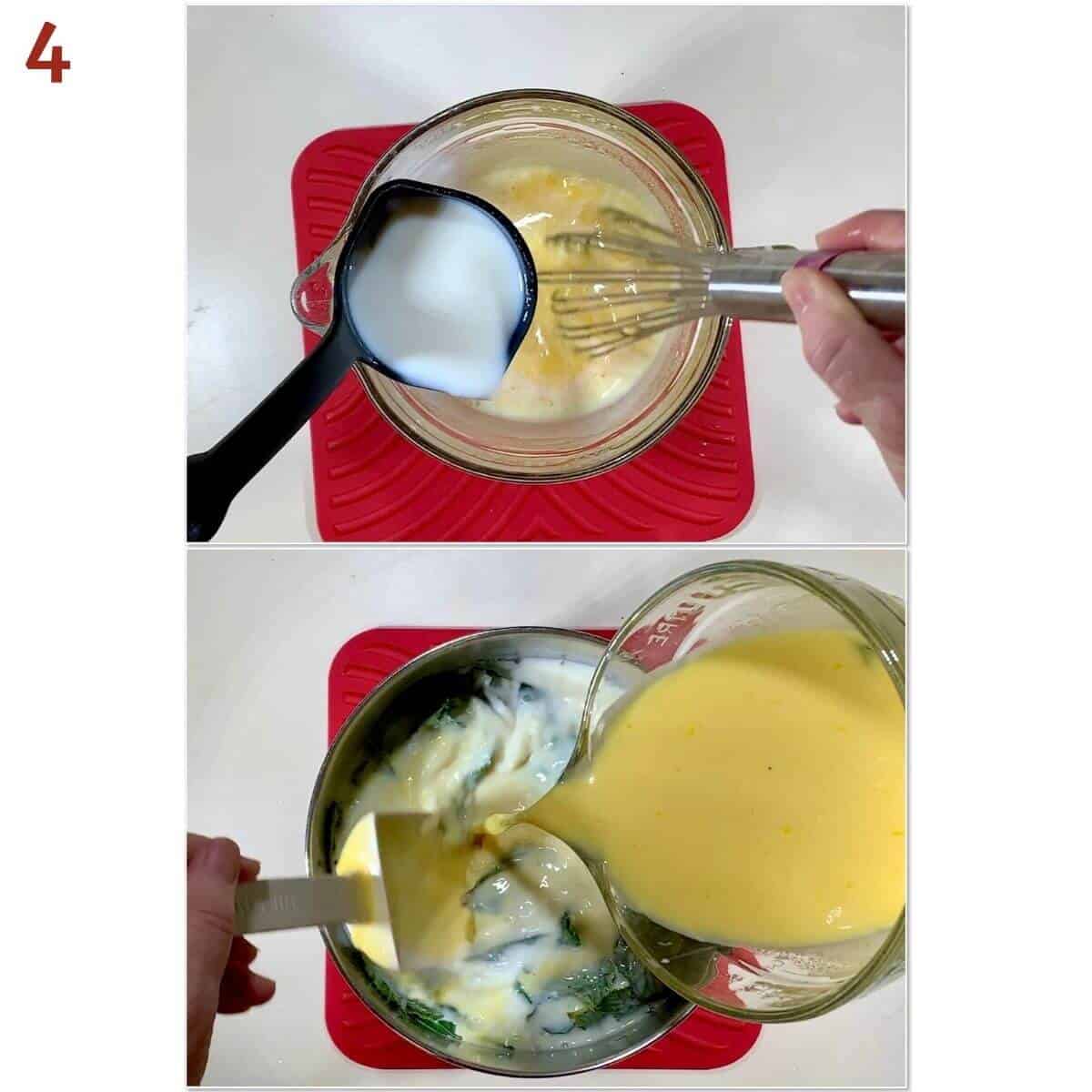 Collage of tempering eggs with hot custard.