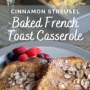 French Toast with berries on a grey plate with orange juice & pan behind Pinterest banner.