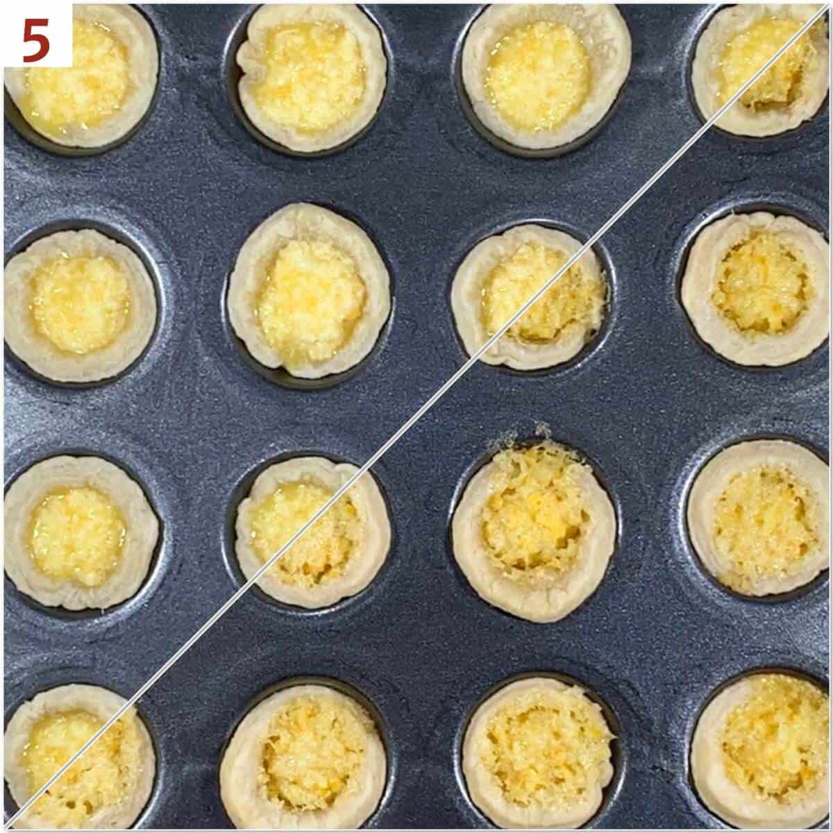 Collage of lemon tartlets before & after baking.