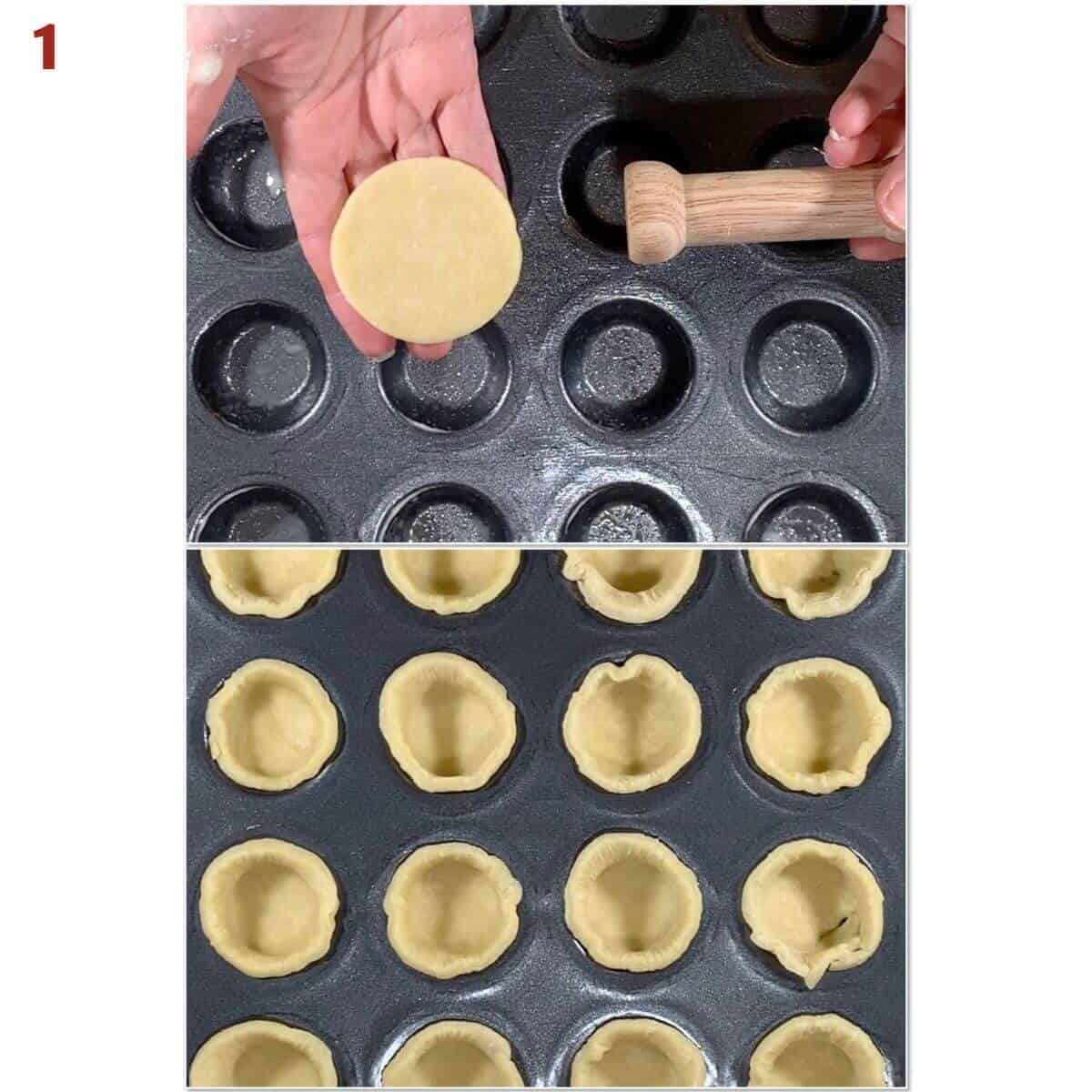 Collage of tamping shortcrust pastry circles into a mini muffin pan.