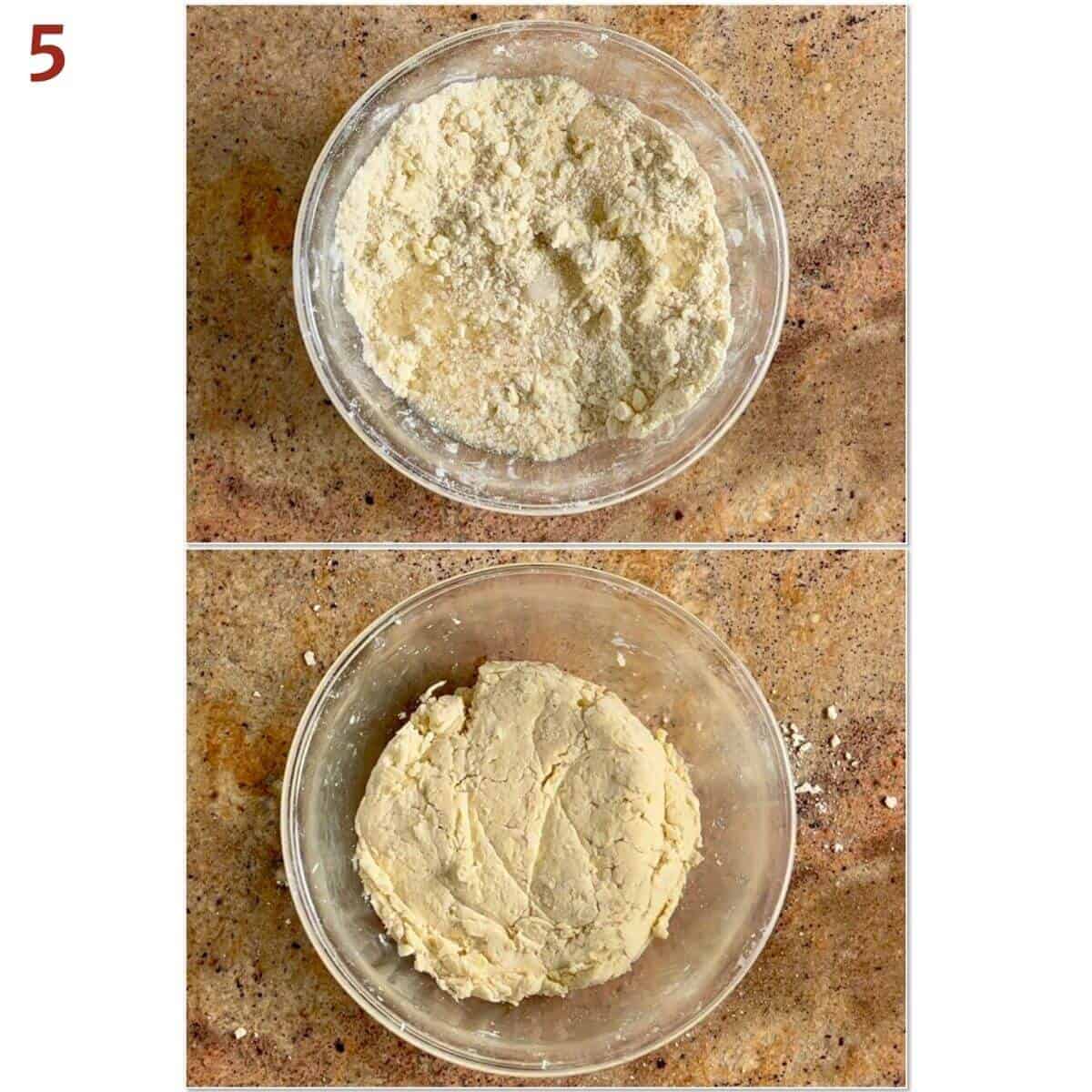 Collage of before & after adding water mixture for pie dough.
