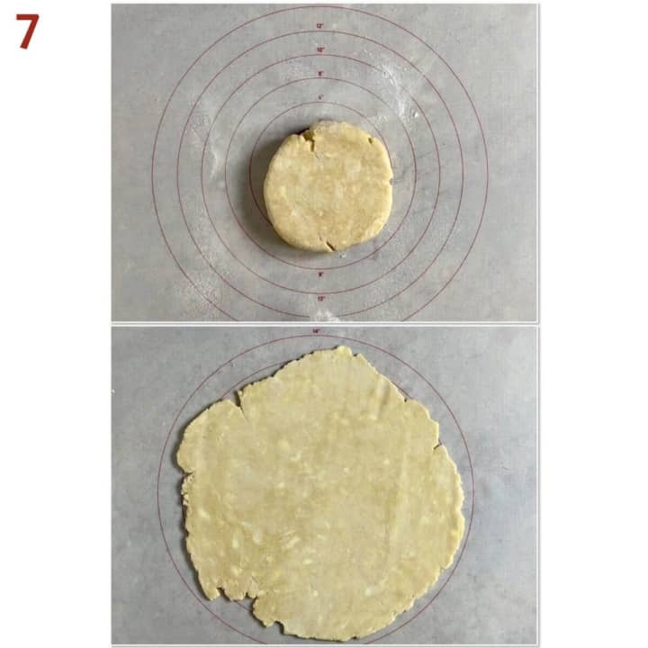 Collage of before and after rolling out pie dough.