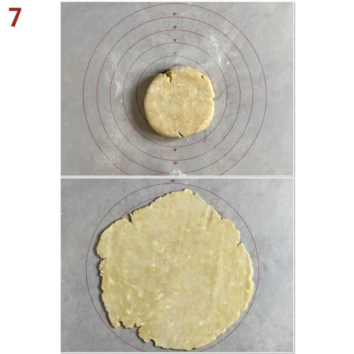 Collage of before and after rolling out pie dough.