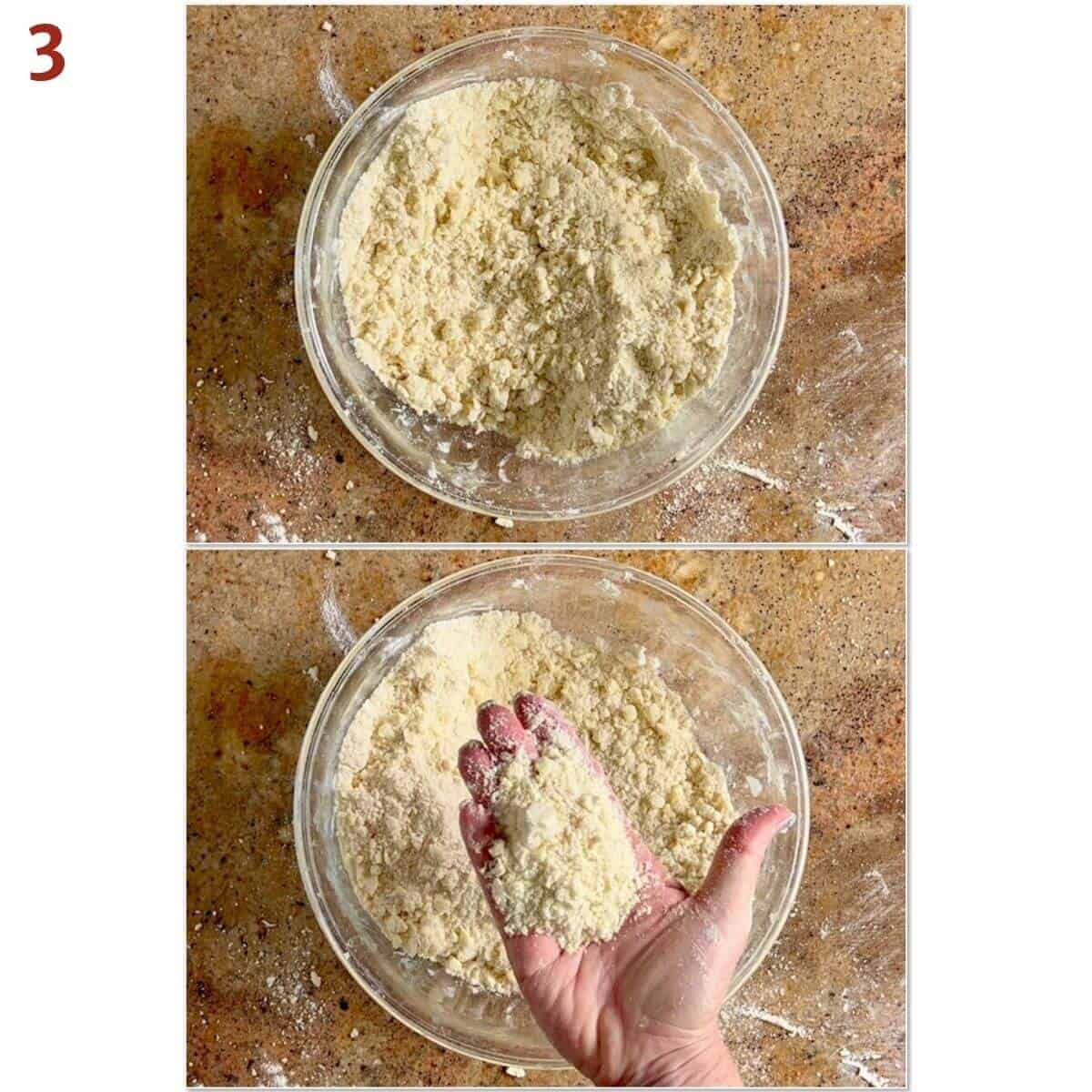 Collage of showing coarse crumbs for flour & butter mixture.