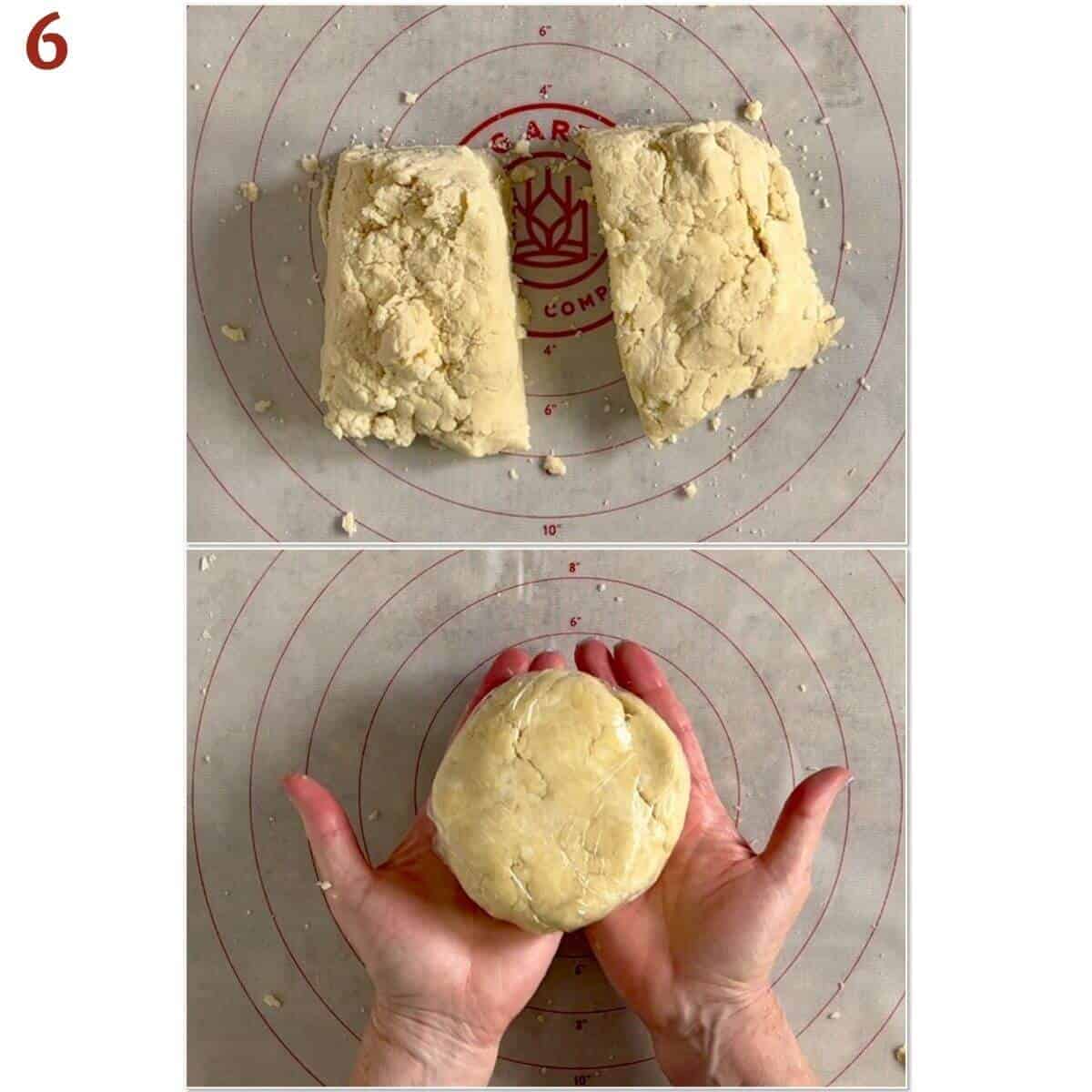 Collage of portioning pie dough.