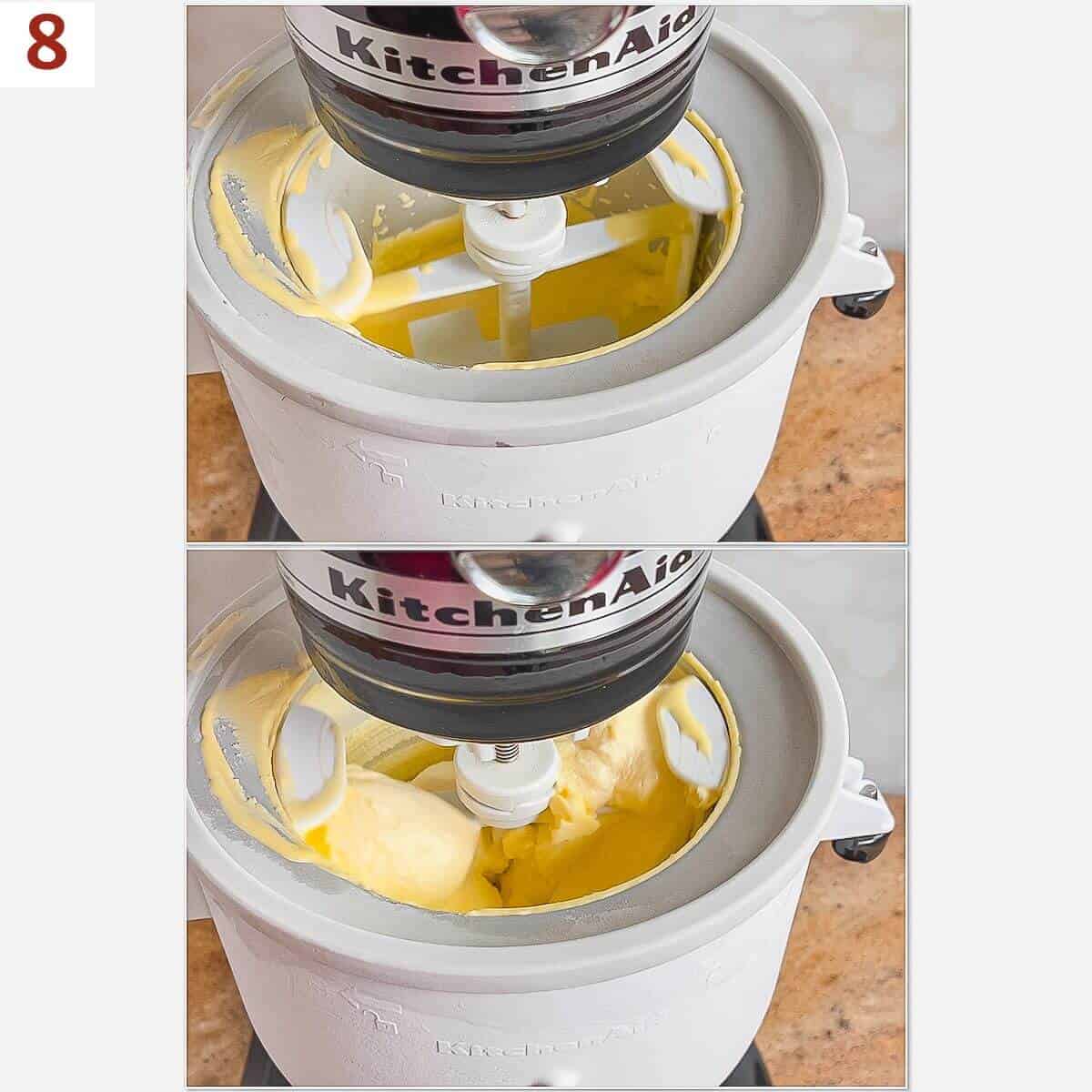 Collage of before and after churning chilled gelato base.