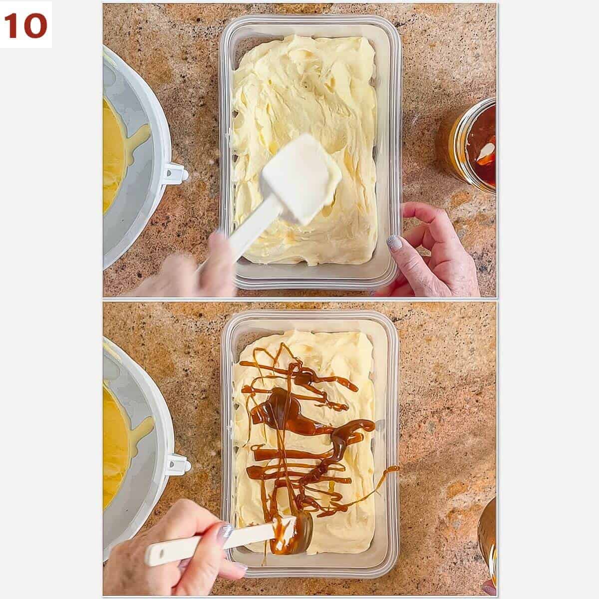 Collage of layering caramel sauce into churned gelato placed in a tub.