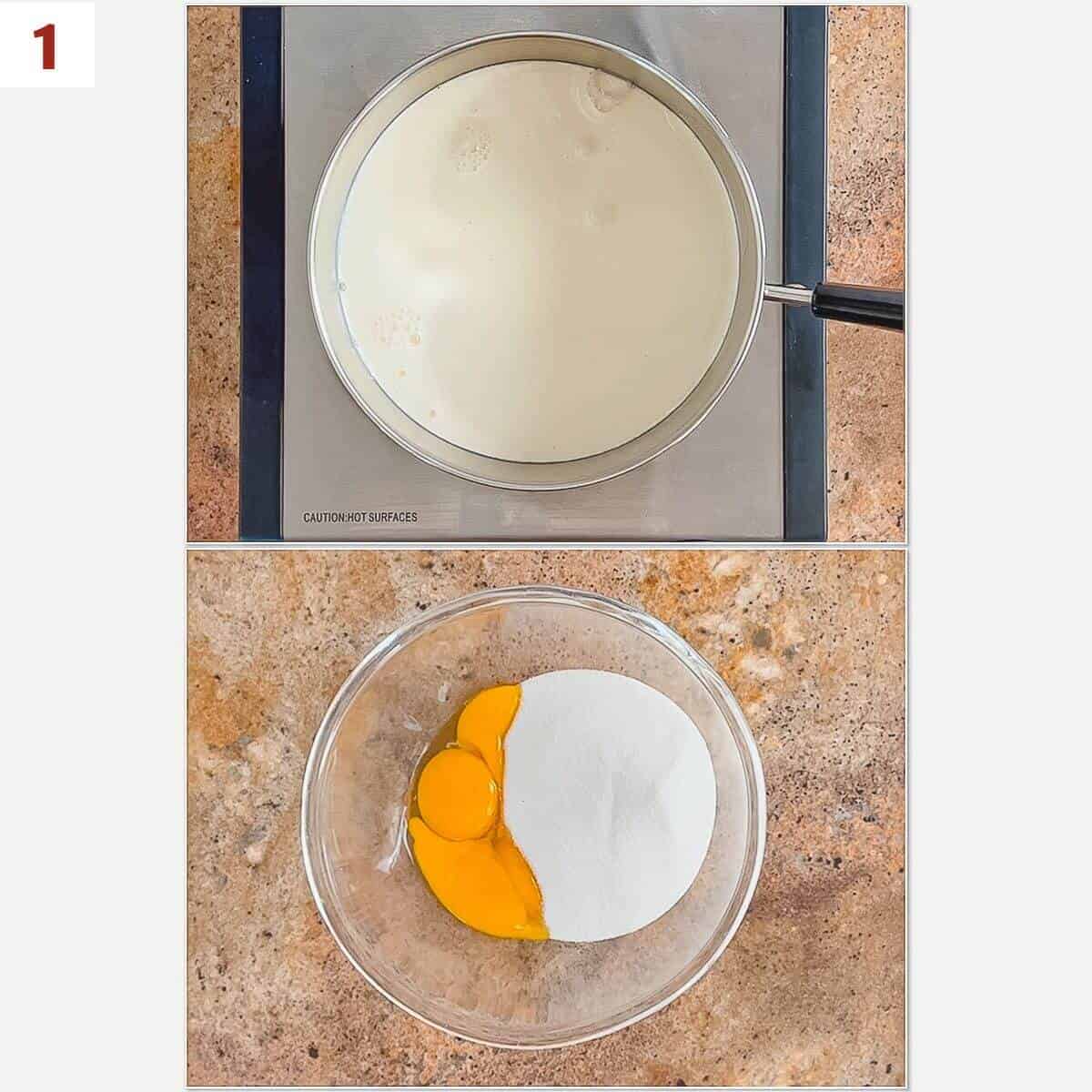 Collage of warming milk on a hot plate and egg yolks & sugar in a glass bowl.