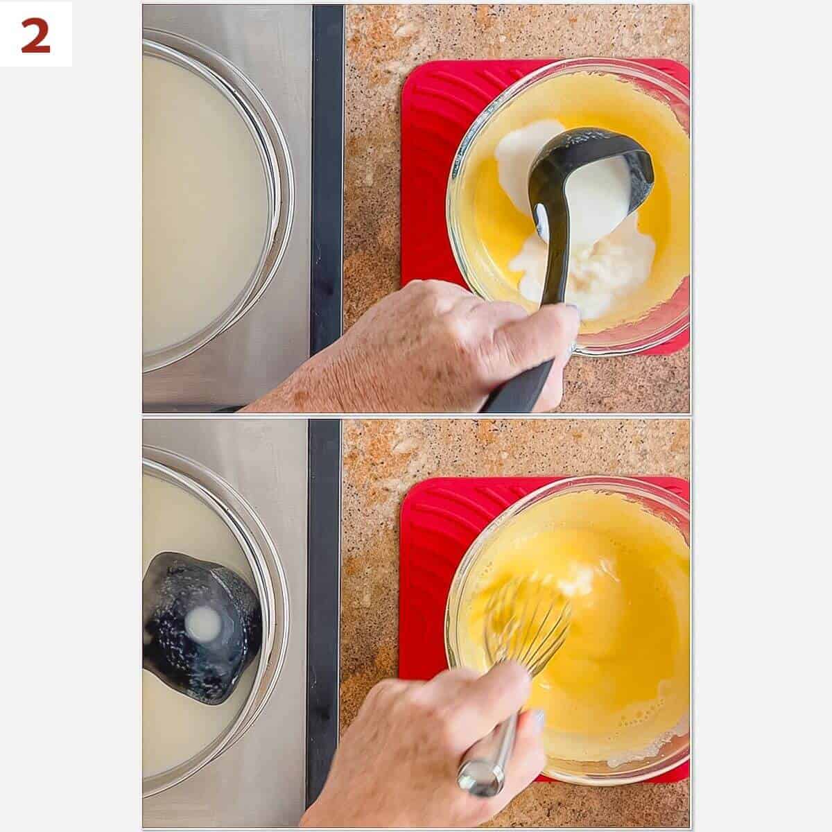 Collage of tempering warm milk into the egg mixture.