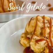 One scoop of Caramel Swirl Almond Gelato drizzled with caramel sauce in a white bowl with another bowl behind Pinterest banner..