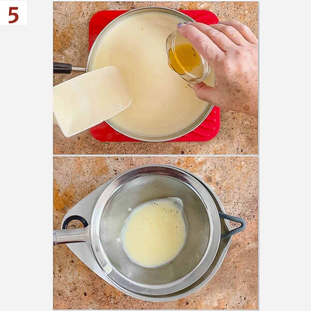 Collage of adding extracts to custard, then straining it.