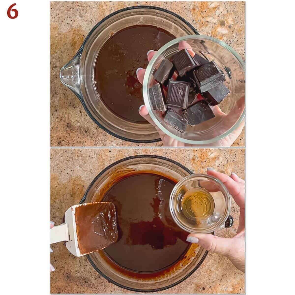 Collage of adding dark chocolate & vanilla to cooked chocolate custard.
