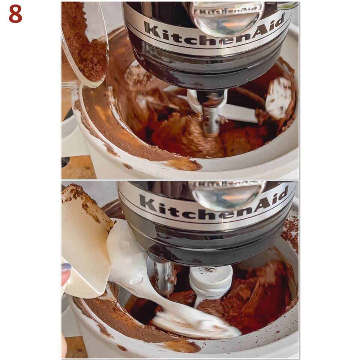 Collage of adding chocolate cookie crumbs & marshmallow creme to churning ice cream.