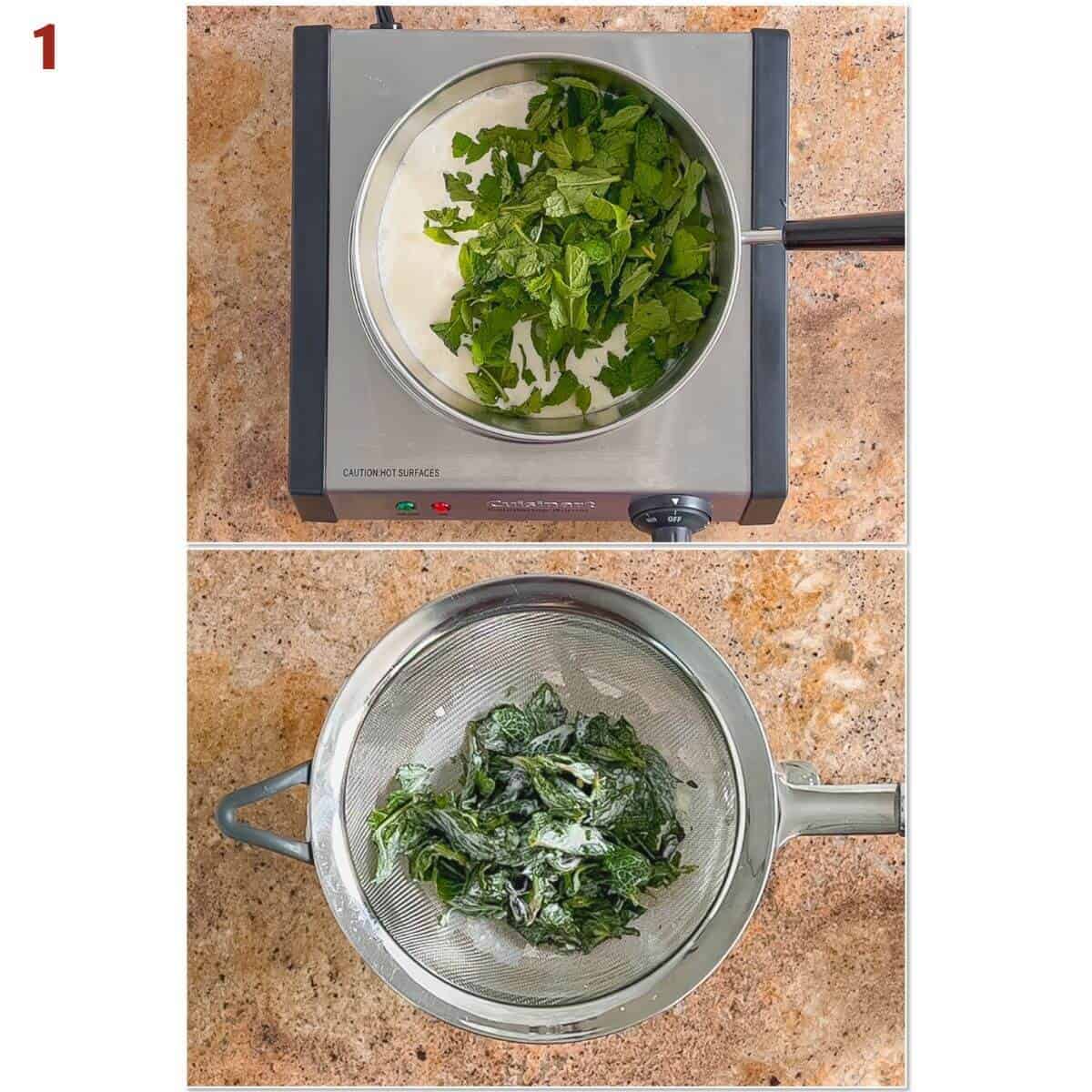 Collage of steeping and straining mint in heavy cream.