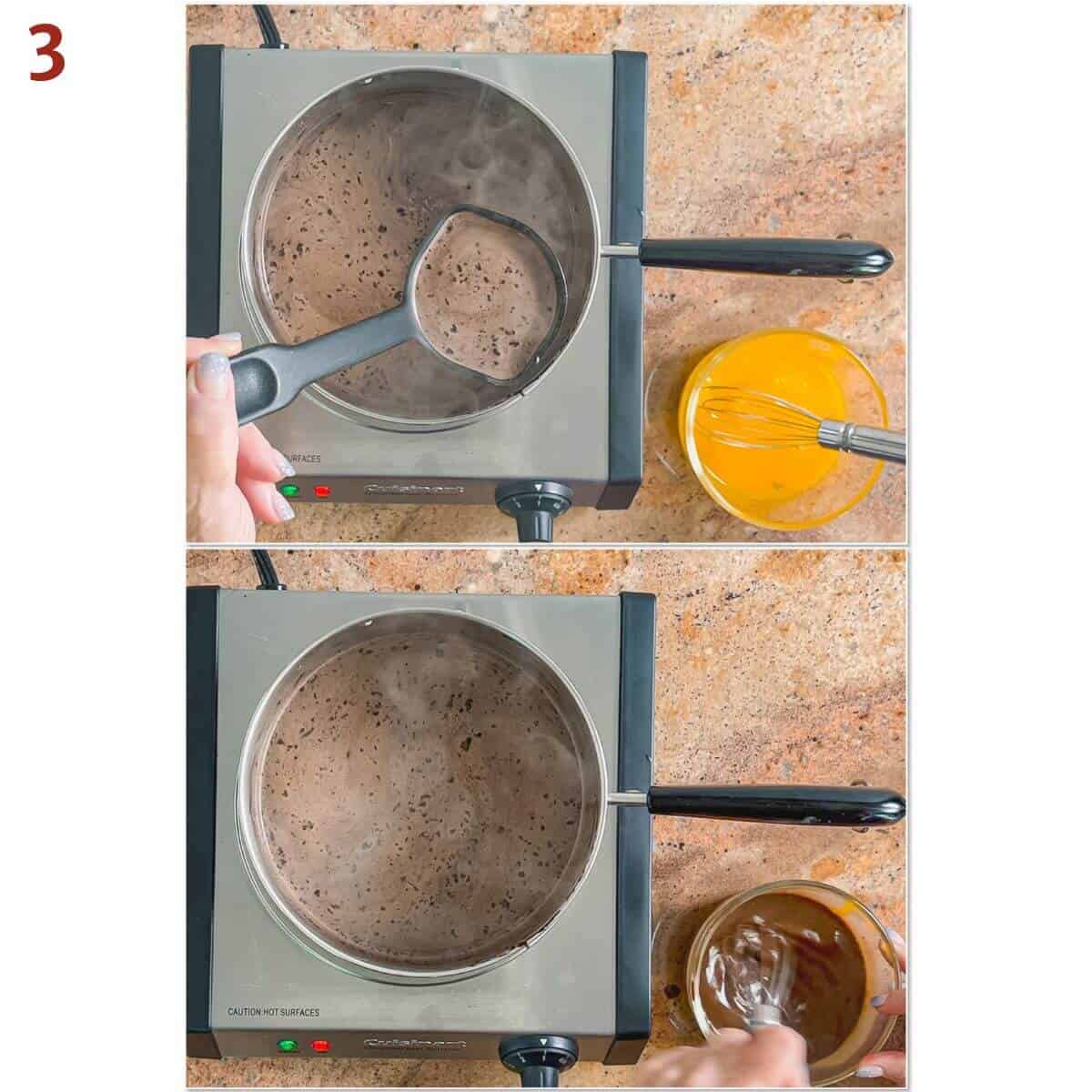 Collage of tempering warm cocoa cream into egg yolks.