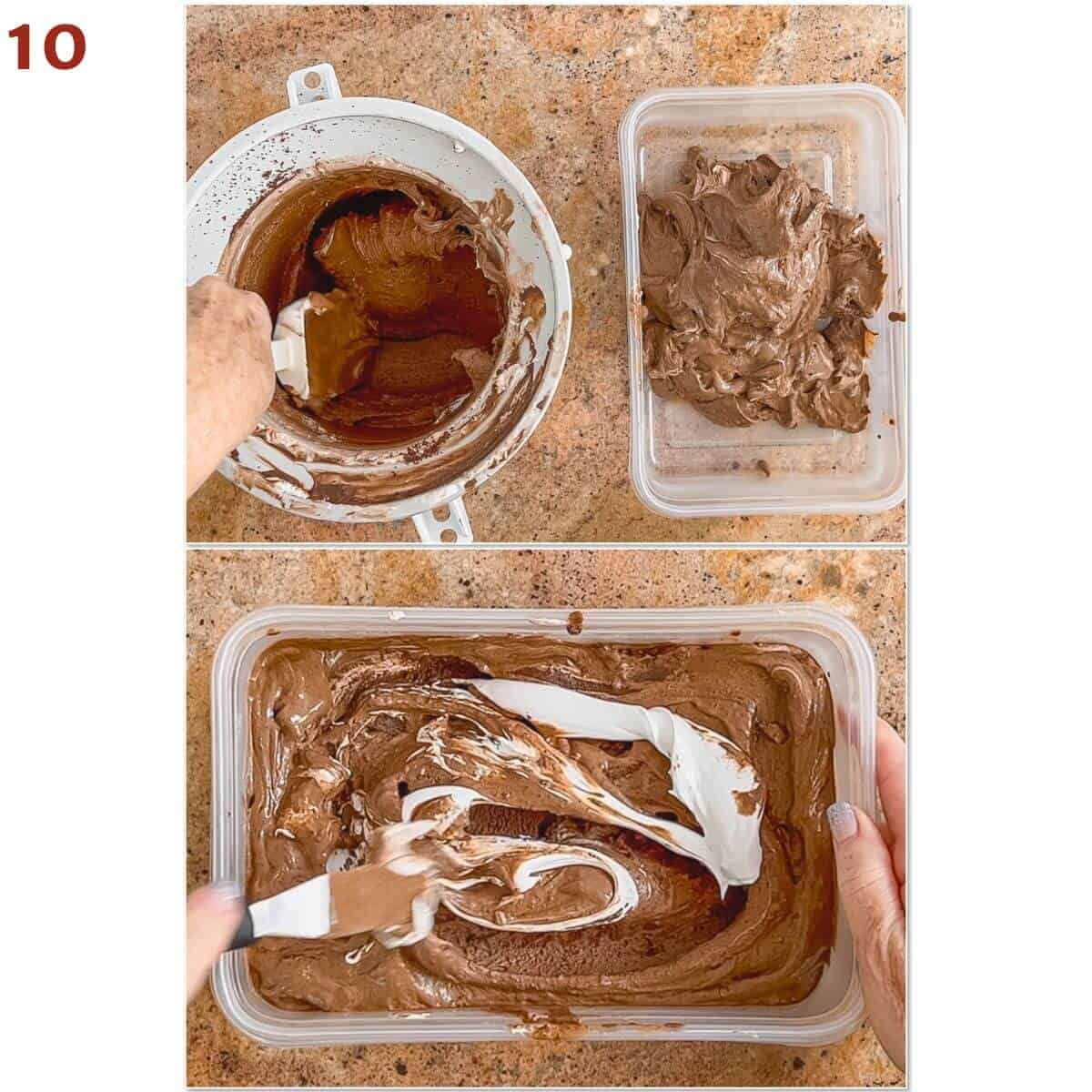 Collage of transferring ice cream to tub & adding more marshmallow creme.