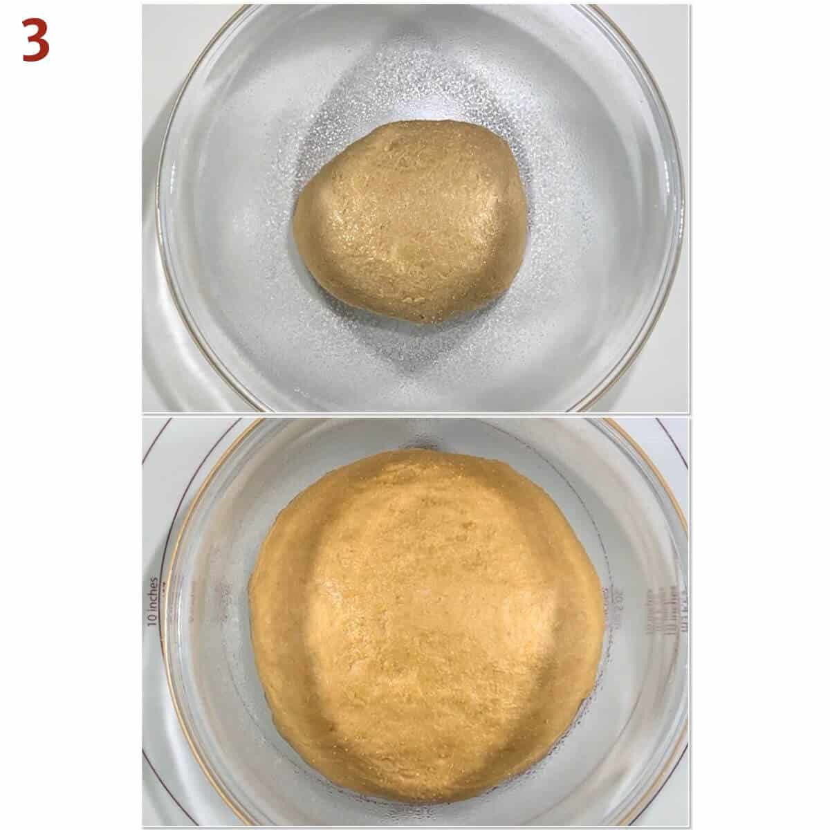 Collage of bread dough before & after rising.