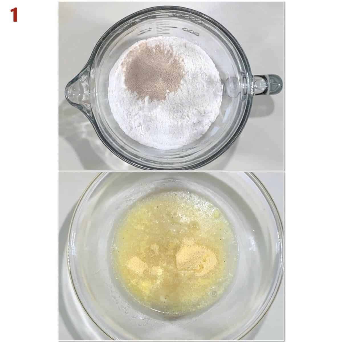 Collage of mixing flour & yeast and cornmeal & water.