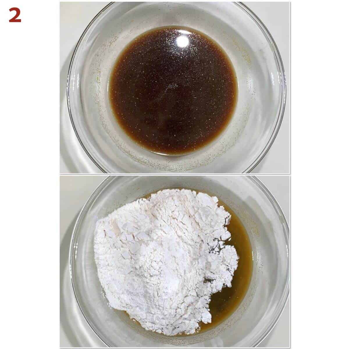 Collage of adding molasses & flour to cornmeal mixture for bread dough.