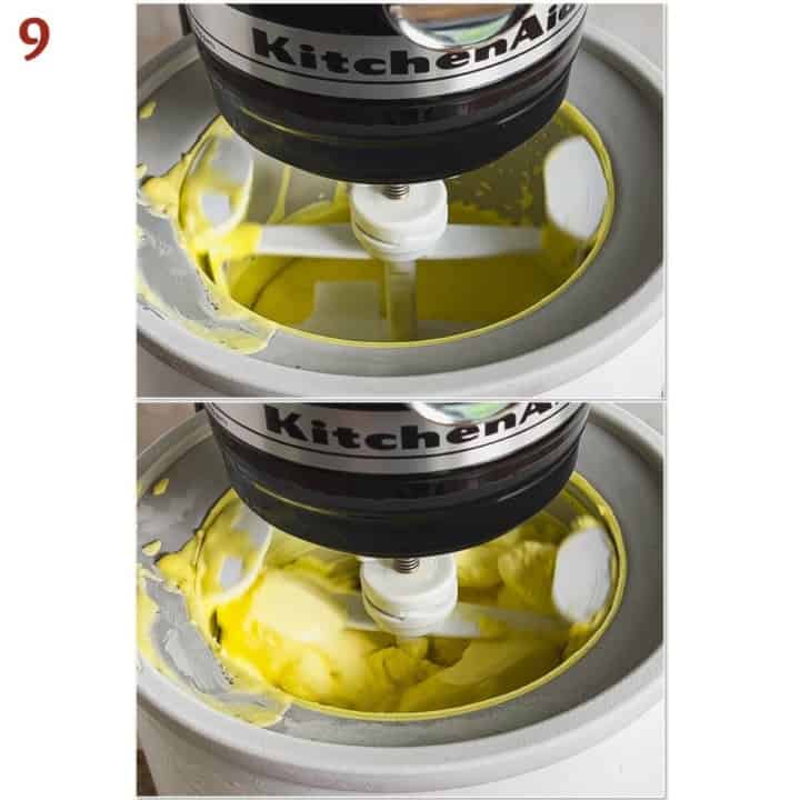 Collage of vanilla ice cream before and after churning in an ice cream maker.