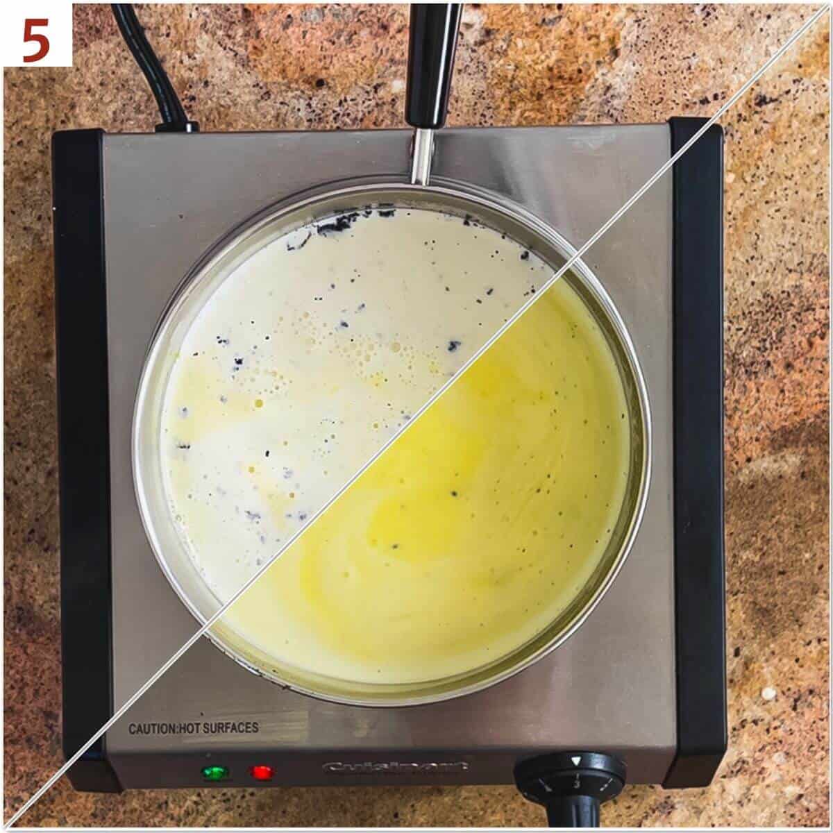 Collage of custard before and after cooking.