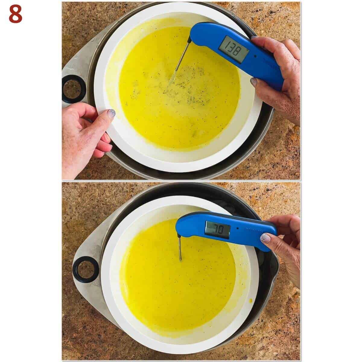 Collage of showing the temperature of the cooling cooked custard.