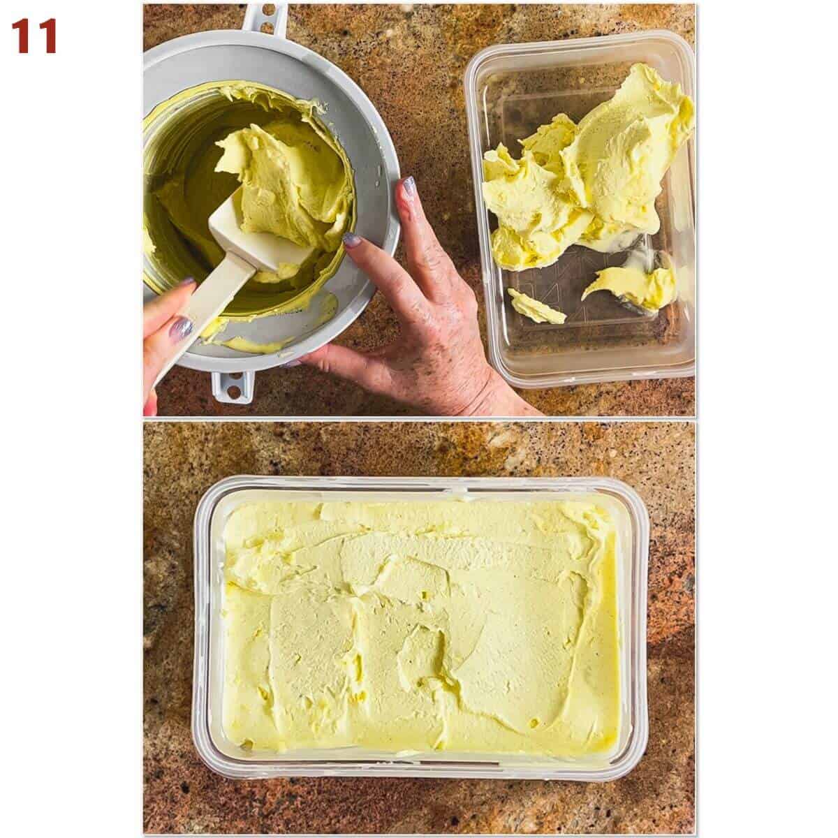 Collage of transferring churned ice cream into a freezer-safe tub.