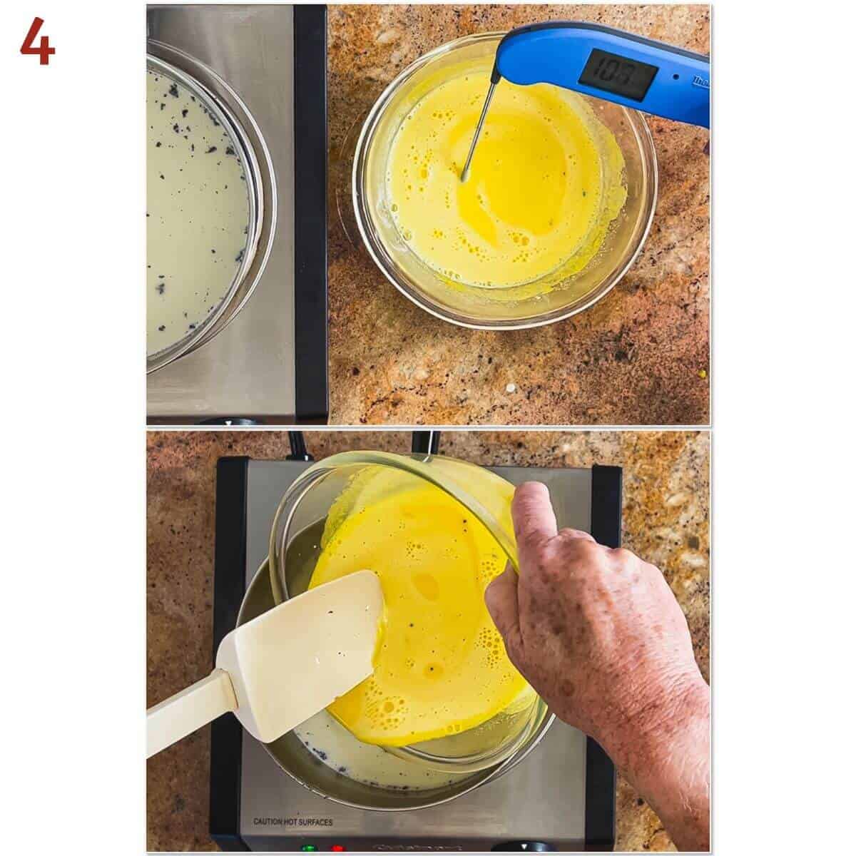 Collage of adding the tempered, warmed egg yolk mixture back to the saucepan.