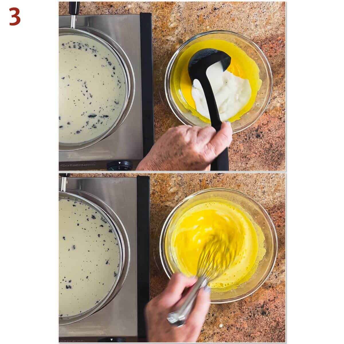 Collage of tempering warming milk into the egg yolk mixture.