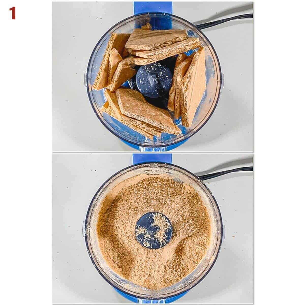 Collage of turning graham cracker into crumbs in a food processor.