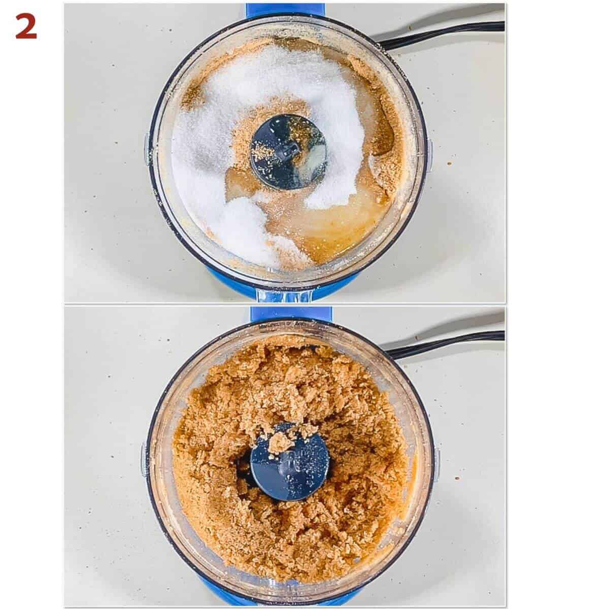 Collage of adding sugar & melted butter to graham cracker crumbs in a food processor.