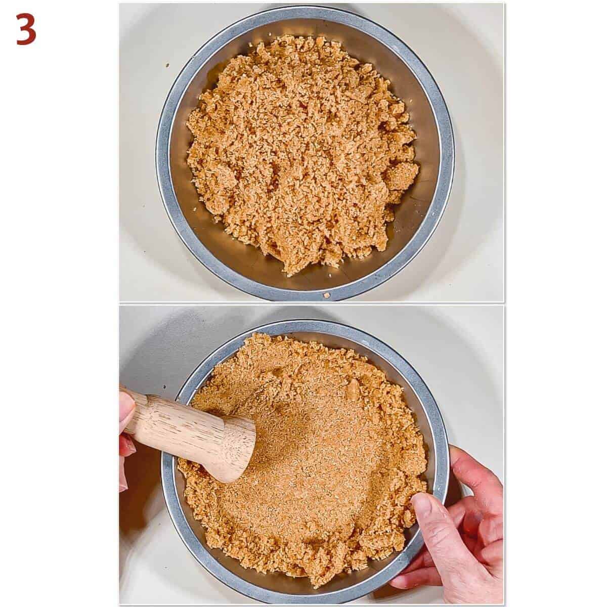 Collage of tamping a graham cracker crumb mixture into a 7-inch pie pan.