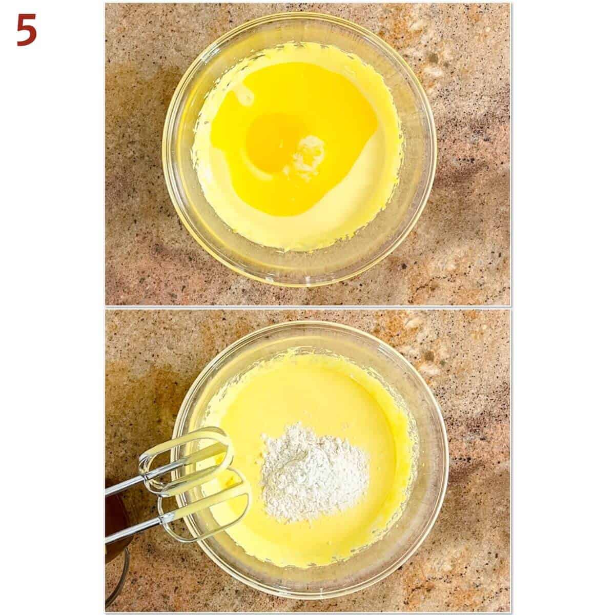 Collage of adding melted butter & flour to egg yolk mixture.