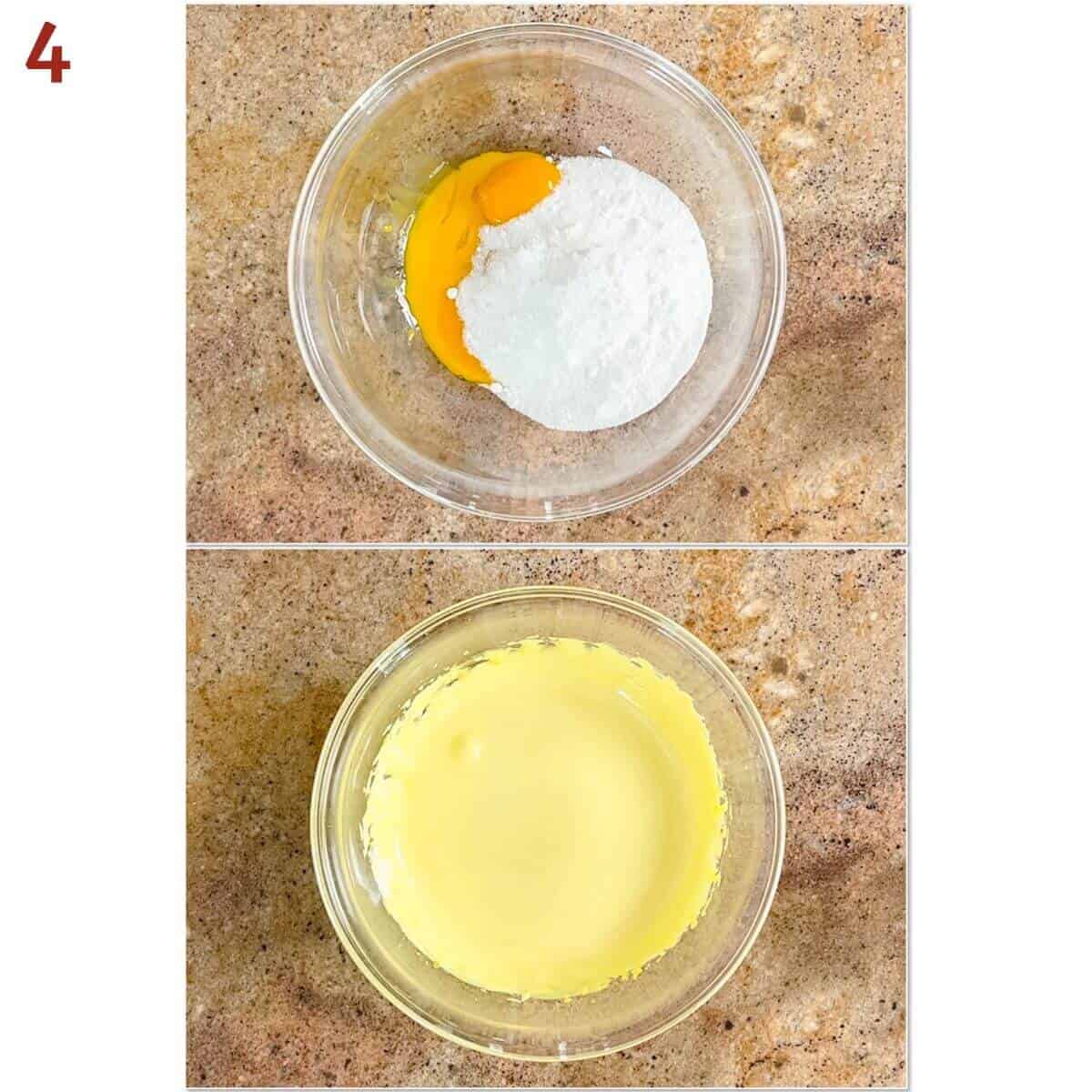 Collage of before & after whipping egg yolks & sugar together.