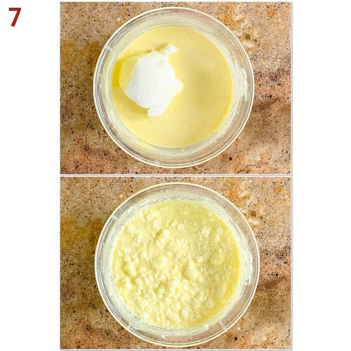 Collage of before & after folding meringue into custard cake batter.