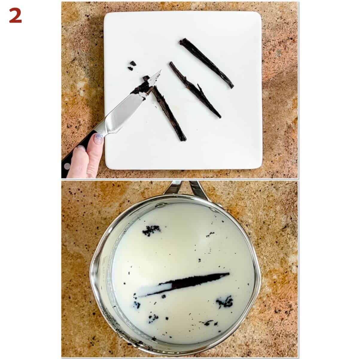 Collage of scraping a vanilla bean into a saucepan of milk.