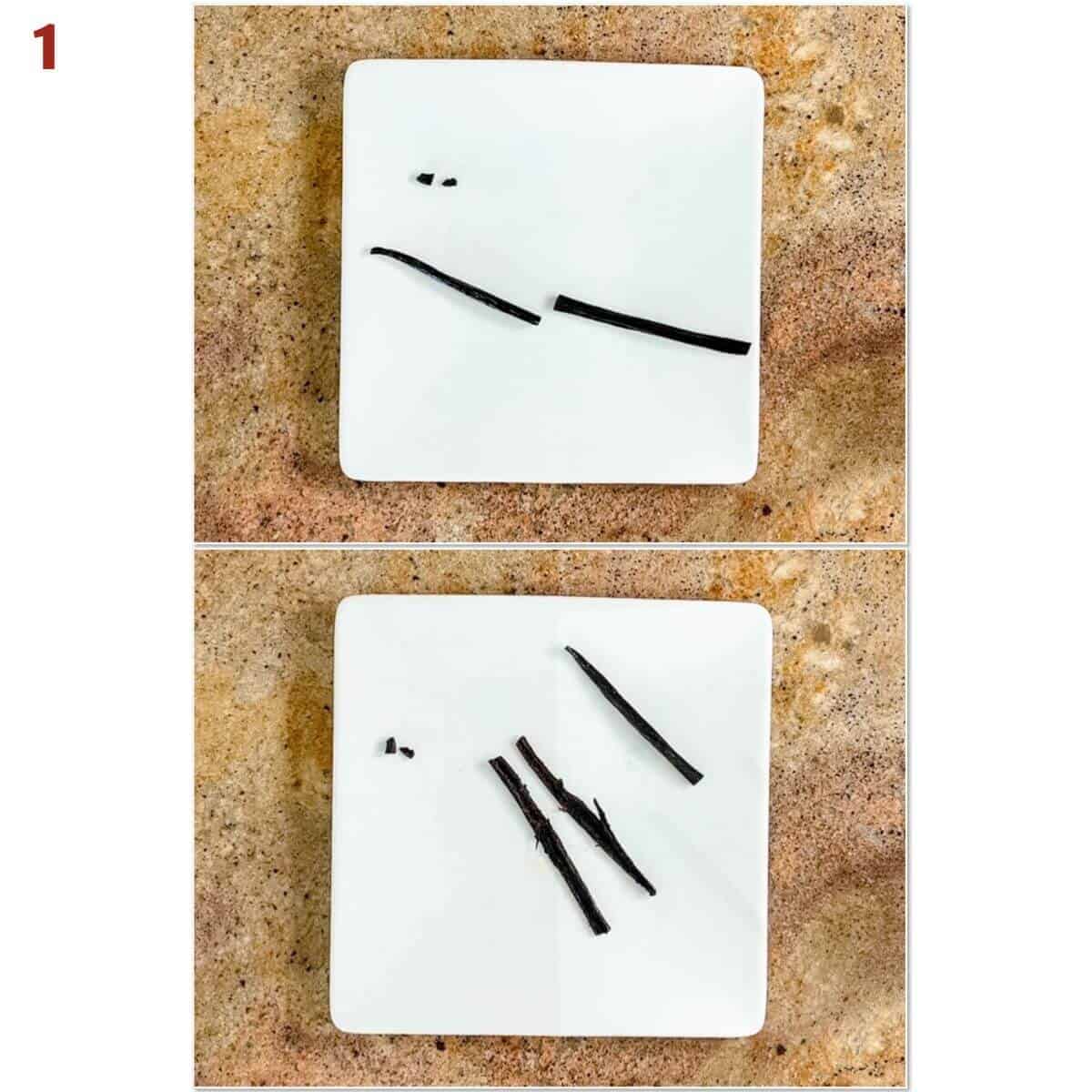 Collage of splitting a vanilla bean on a white square plate.