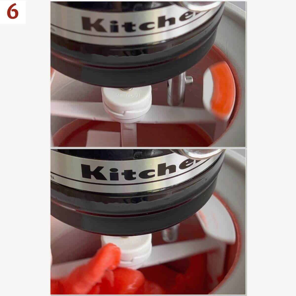 Collage of before and after churning sorbet in an ice cream maker.