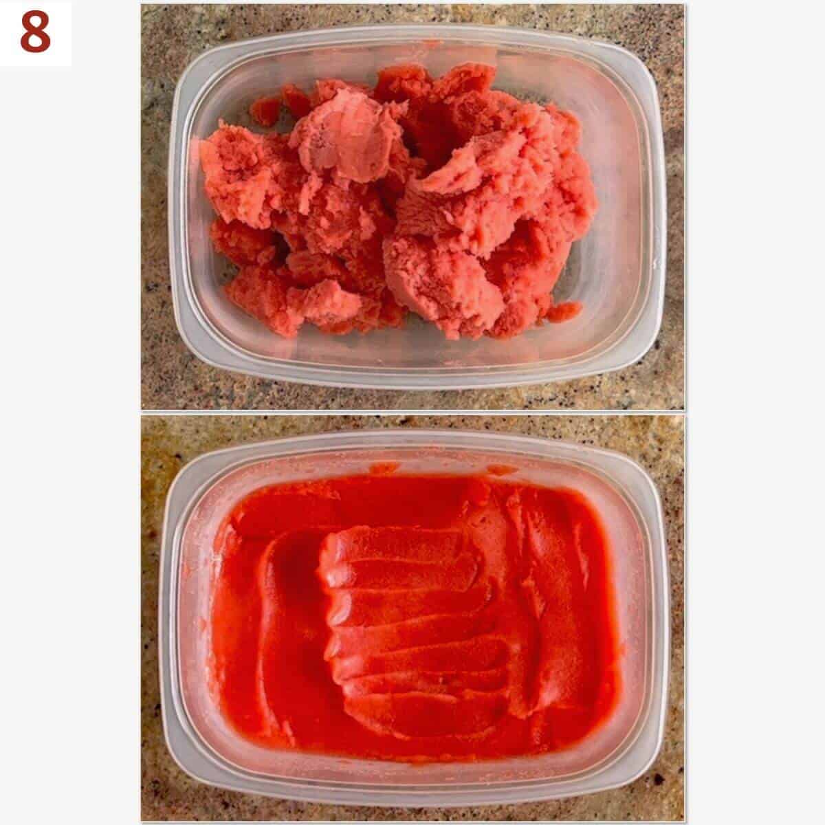 Collage of finished sorbet in a tub before and after smoothing the top.