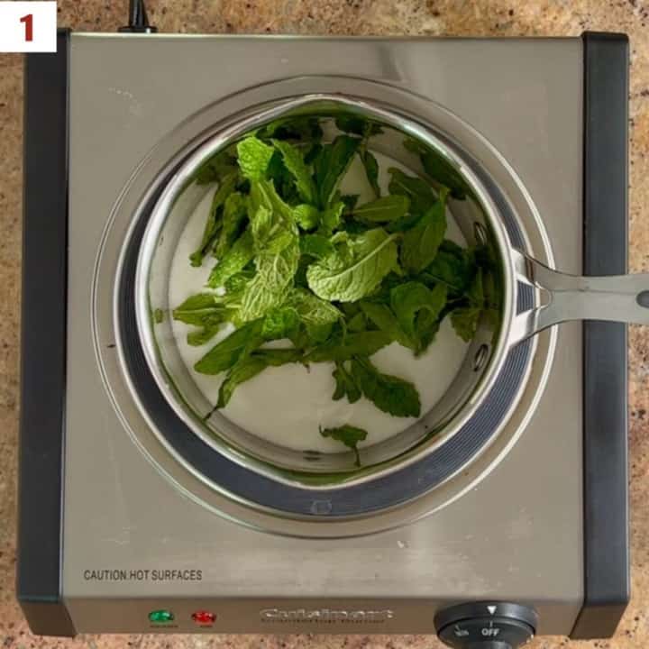 Mint & sugar in a saucepan on a hot plate.
