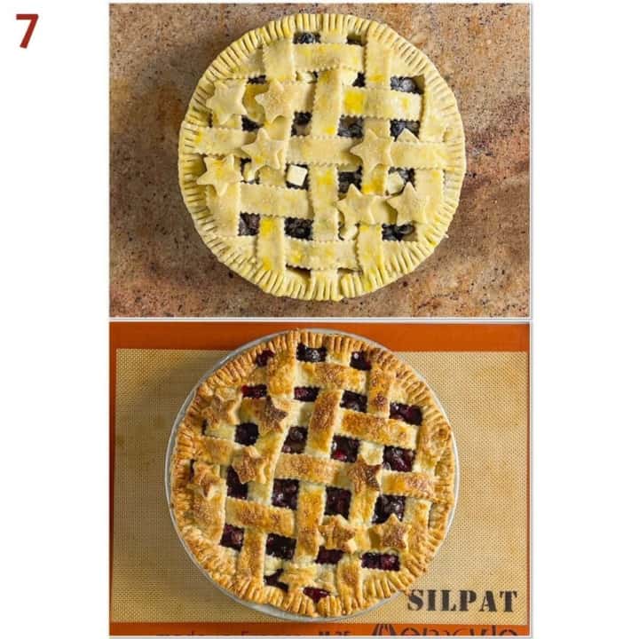 Collage of before and after baking a blueberry pie.