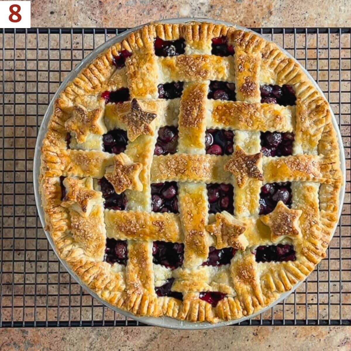 Finished baked blueberry pie on a cooling rack from overhead.